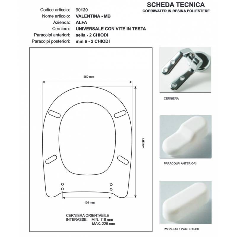 Copriwater Alfa VALENTINA-MB BIANCO Cerniera Cromo-Sedile-Asse Wc