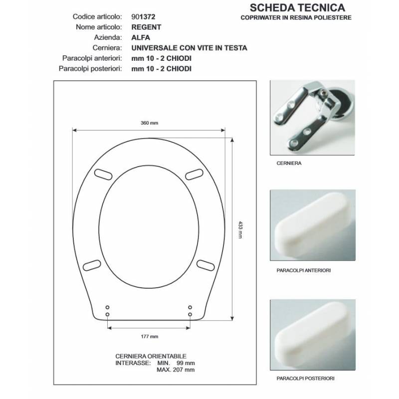 Copriwater Alfa REGENT BIANCO Cerniera Cromo-Sedile-Asse Wc