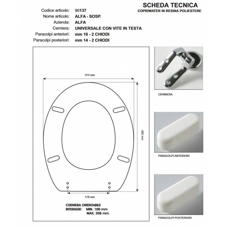 Copriwater Alfa  DISABILI BIANCO Cerniera Cromo-Sedile-Asse Wc