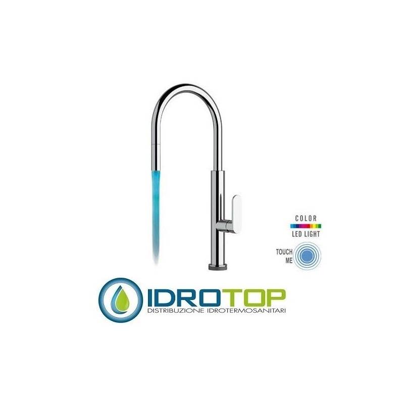 Miscelatore TOUCH-ME LIGHT GOURMET  LAVELLO monocomando touch-me, bocca girevole, base tonda, doccetta estraibile con luce led c