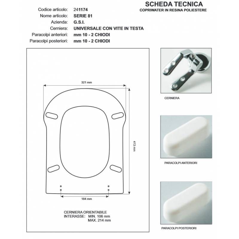 Copriwater G.S.I SERIE 81 BIANCO Cerniera cromo-Sedile-Asse Wc