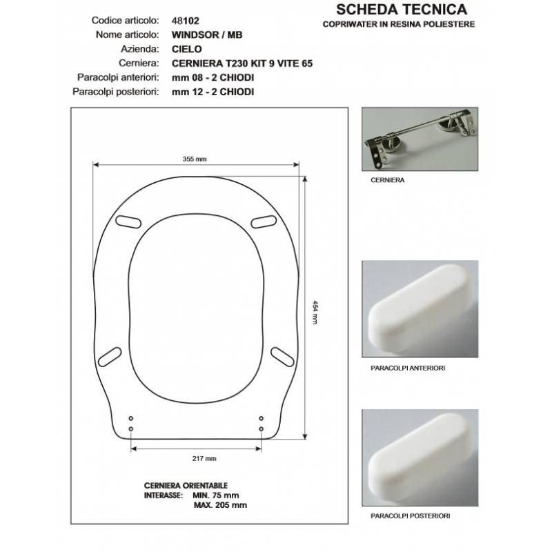 Copriwater Cielo ROYAL/WINDSOR BIANCO Cerniera Cromo-Sedile-Asse Wc