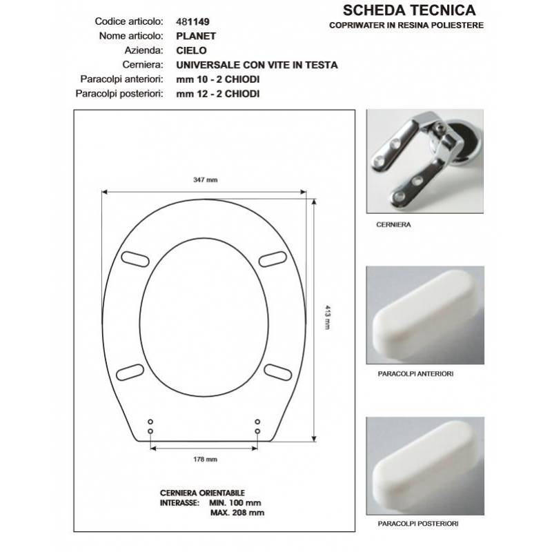 Copriwater Cielo PLANET BIANCO Cerniera Cromo-Sedile-Asse Wc