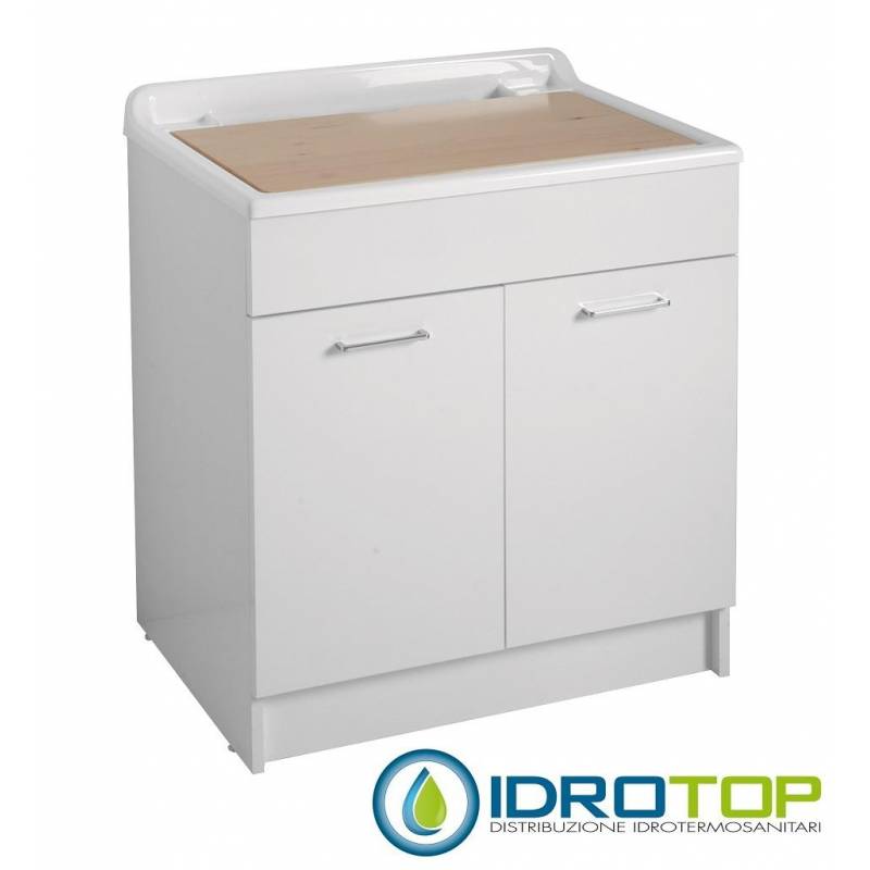 Lavatoio  TWIST MAX 80X60,cesto portabiancheria,asse in legno,sifone,vasca in Abs metacrilato BIANCO Colavene