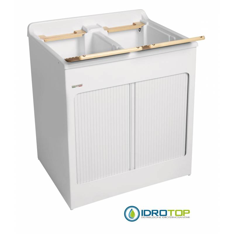 Mobile per esterno LAVACRIL  Doppia Vasca 80x60,tavola di legno,serrandina a scomparsa laterale,sifone e troppopieno BIANCO Cola