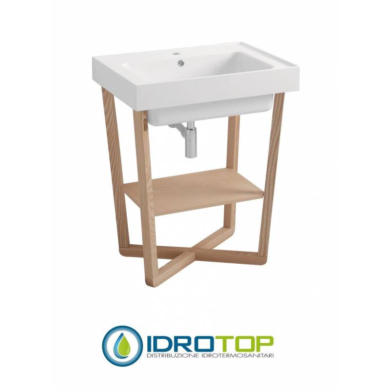 Lavabo 70X50 in Ceramica TRIX con struttura in legno,sifone,piletta,troppopieno,fissaggi per lavabo FRASSINO Colavene