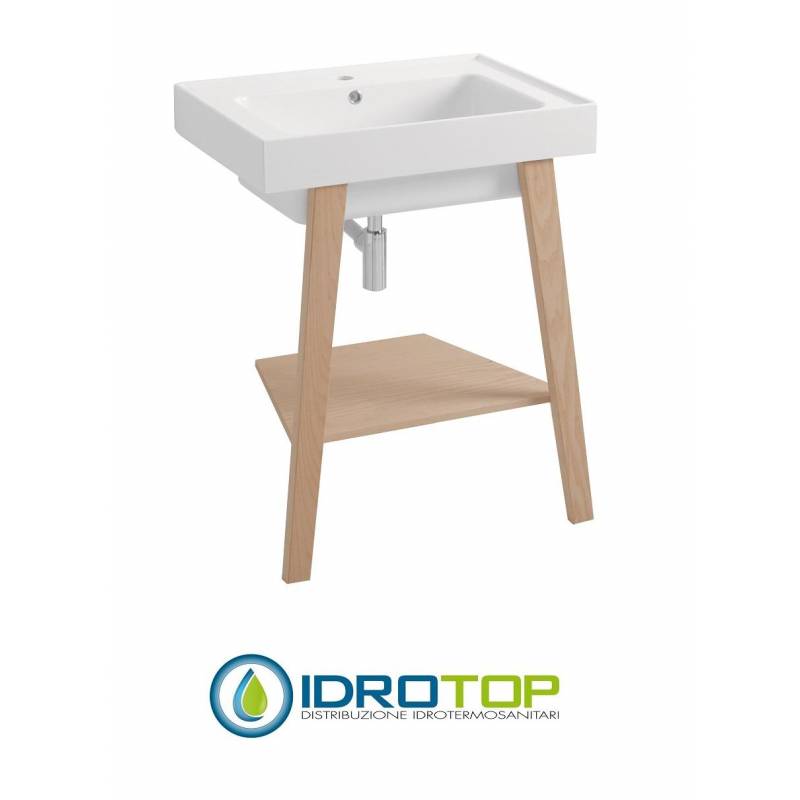 Lavabo 70X50 in Ceramica TRIX con piedi in legno,sifone,piletta e troppopieno,fissaggi per lavabo FRASSINO Colavene