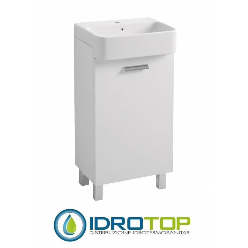 Lavabo 45X35 MINI  SX con MOBILE A TERRA e lavabo Ceramica,sifone,piletta,troppopieno,fissaggi,apertura sx BIANCO Colavene