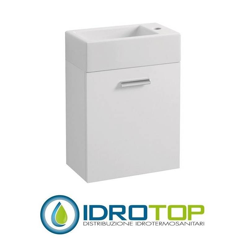 Lavabo 45X25 MINI SX con MOBILE SOSPESO e lavabo Ceramica,sifone,piletta,troppopieno,fissaggi,apertura sx BIANCO Colavene