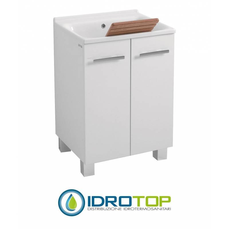 Lavatoio 60X50 in Ceramica con MOBILE a terra-sifone,piletta e troppopieno BIANCO Colavene