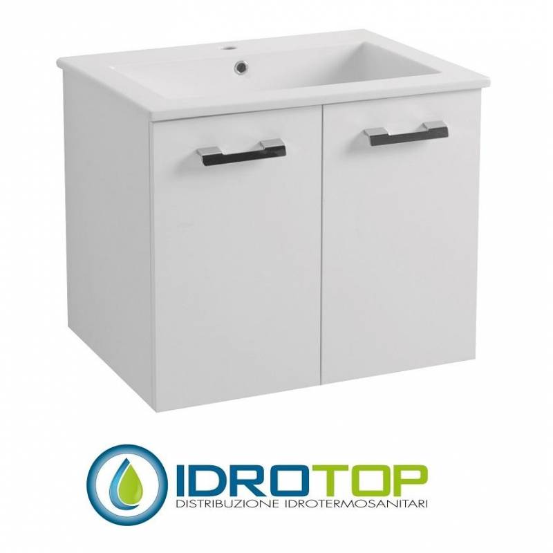 Lavabo 72X52 in Ceramica DROP con MOBILE SOSPESO 2 ante,sifone,piletta,troppopieno e fissaggi per lavabo BIANCO Colavene