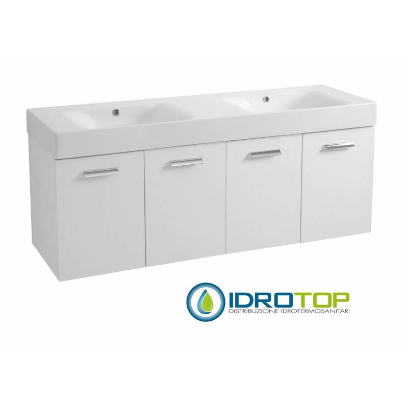 Lavabo 140X45 in Ceramica con Mobile a 4 ante ,sifone,piletta,troppopieno e fissaggi per lavabo BIANCO Colavene