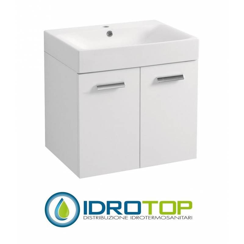 Lavabo 60X45 in Ceramica con Mobile a 2 ante ,sifone,piletta,troppopieno e fissaggi per lavabo BIANCO Colavene