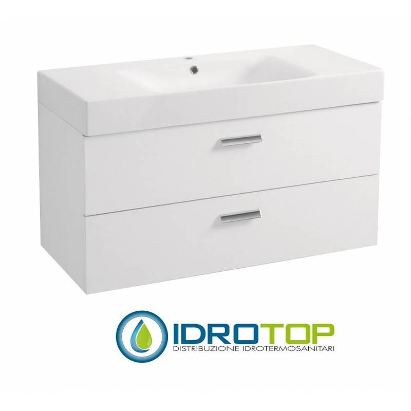 Lavabo in Ceramica 100x45 con 2 Cassetti Sovrapposti  CENTO BIANCO,sifone,piletta,troppopieno e fissaggi BIANCO Colavene