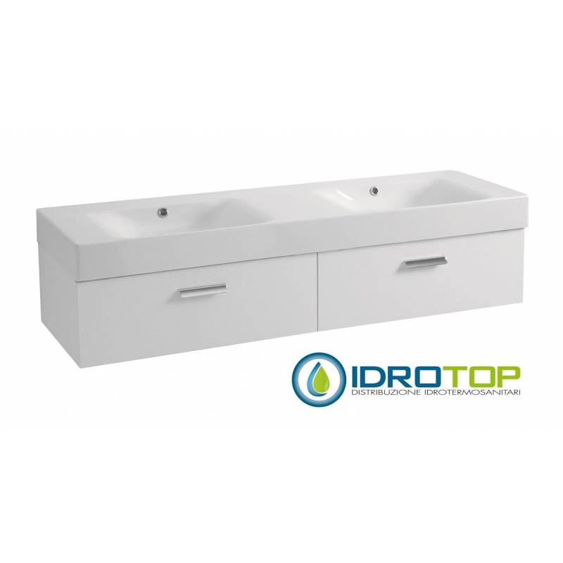 Lavabo in Ceramica 140x45 con 2 Cassetti Affiancanti CENTO BIANCO,sifone,piletta,troppopieno e fissaggi BIANCO Colavene
