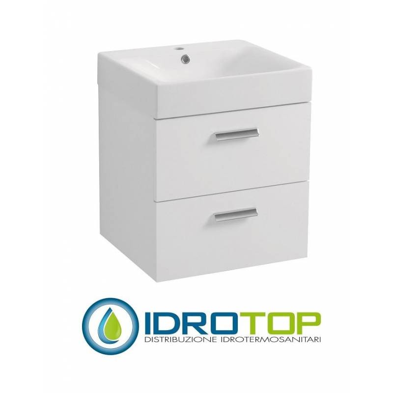 Lavabo in Ceramica 50x45 con 2 Cassetti Sovrapposti  CENTO BIANCO,sifone,piletta,troppopieno e fissaggi BIANCO Colavene