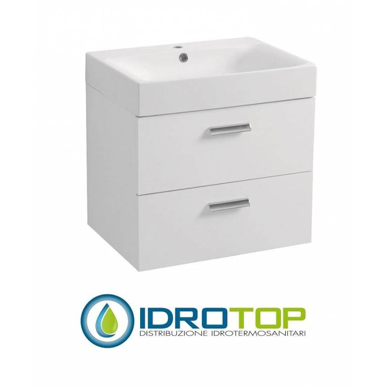 Lavabo in Ceramica 60x45 con 2 Cassetti Sovrapposti  CENTO BIANCO,sifone,piletta,troppopieno e fissaggi BIANCO Colavene