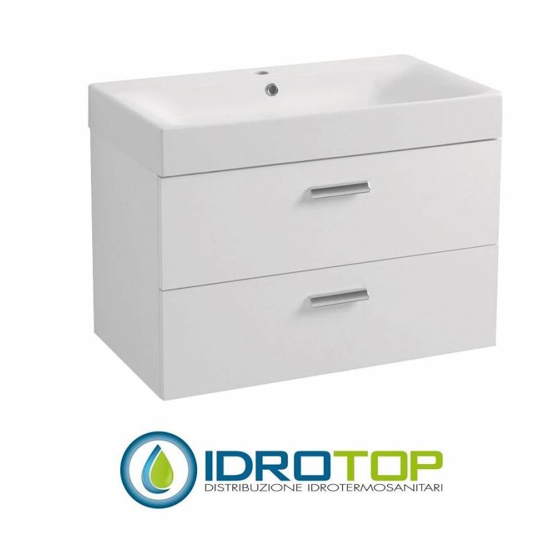 Lavabo in Ceramica 80x45 con 2 Cassetti Sovrapposti  CENTO BIANCO,sifone,piletta,troppopieno e fissaggi BIANCO Colavene