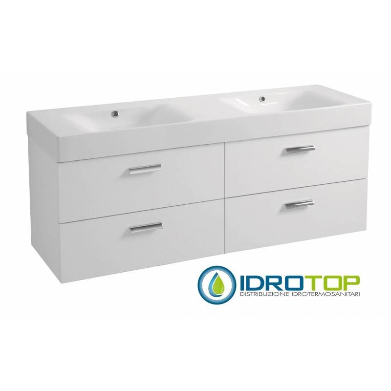 Lavabo in Ceramica 140x45 con 4 Cassetti Affiancanti CENTO BIANCO,sifone,piletta,troppopieno e fissaggio BIANCO Colavene