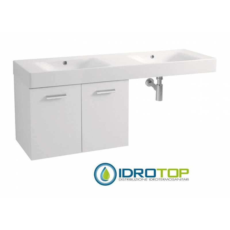 Lavabo 140X45 in Ceramica con Mobile a 2 ante ,sifone,piletta,troppopieno e fissaggi per lavabo BIANCO Colavene