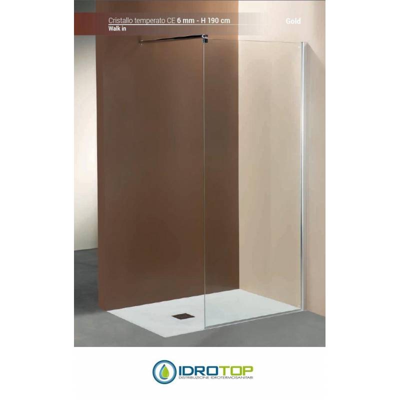 Box Doccia  WALK-IN 100 Cristallo TRASPARENTE 6mm-Telaio CROMATO-Staffa Regolabile PONSI Gold