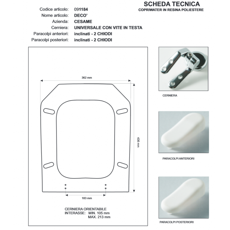 Copriwater Cesame DECO' NERO Cerniera Cromo-Sedile-Asse Wc