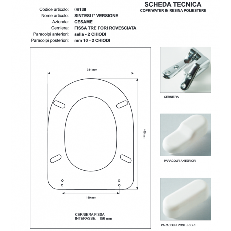 Copriwater Cesame SINTESI 1° VERS. TURCHESE Cerniera Cromo-Sedile-Asse Wc