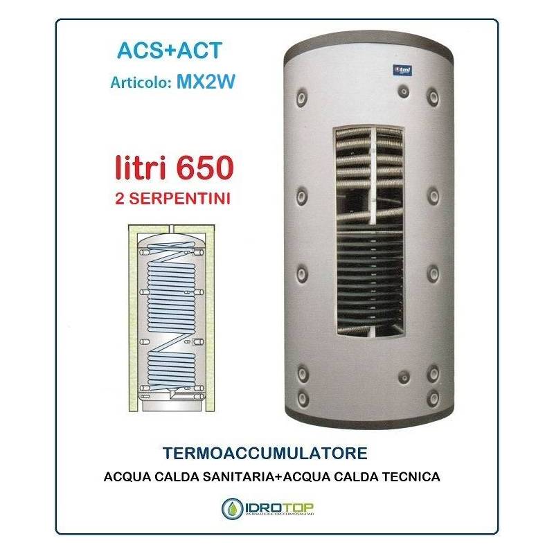 Termoaccumulatore 650 lt Bollitore Combinato ACS+ACT 2 Serpentini-Serbatoio Acqua