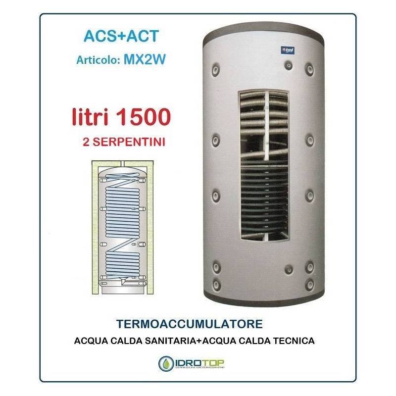Termoaccumulatore 1500 lt Bollitore Combinato ACS+ACT 2 Serpentini-Serbatoio Acqua