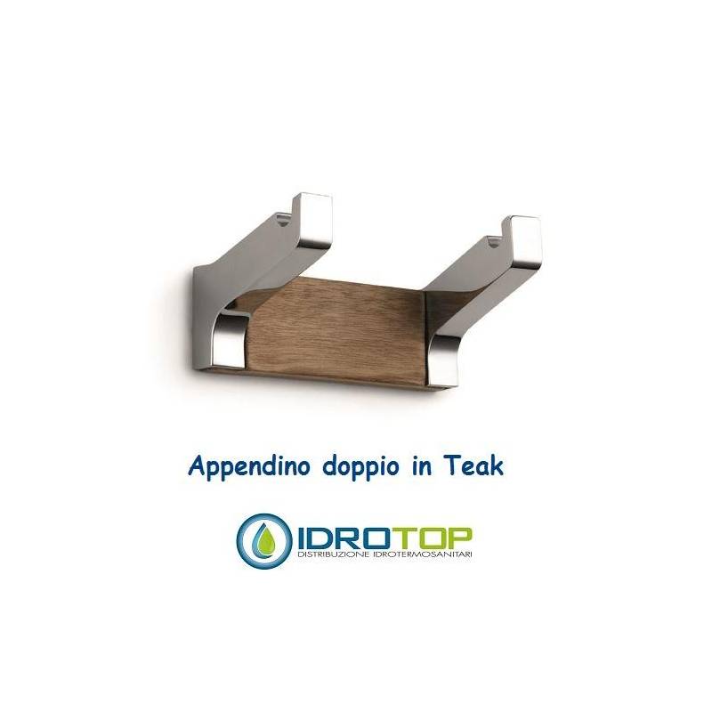 Appendino Doppio 9cm in Legno Teak Naturale finitura Acciaio Inox Lucido Ibb NA08 