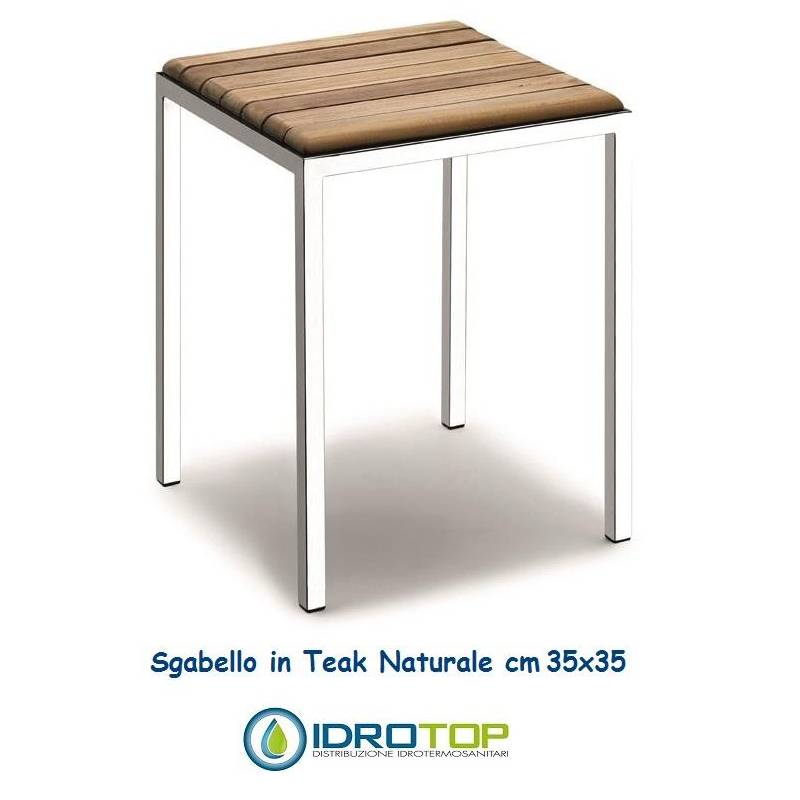 Sgabello quadrato 35 cm in Legno Teak Naturale finitura Acciaio Inox Lucido Ibb NA92 