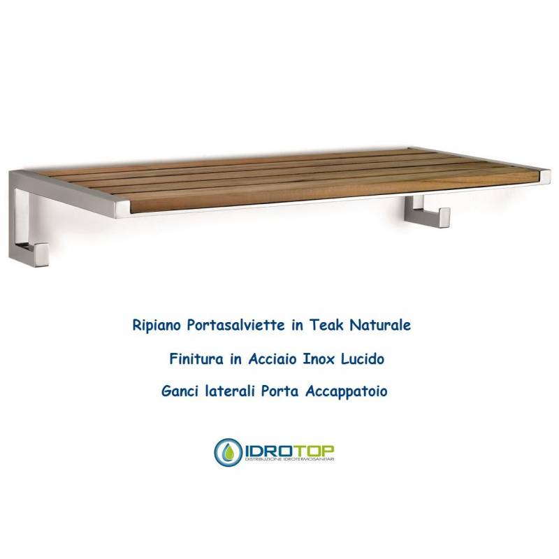 Ripiano Portasalviette 65 cm in Legno Teak Naturale finitura Acciaio Inox Lucido Ibb NA40 