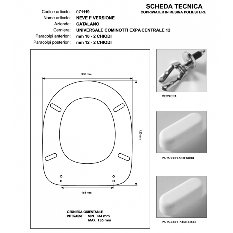 Copriwater Catalano NEVE 1'versione BIANCO Cerniera Cromo-Sedile-Asse Wc