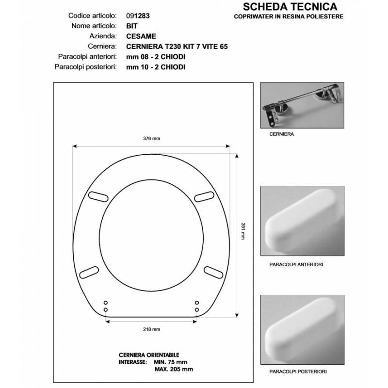 Copriwater Cesame  BIT BIANCO Cerniera Rallentata Soft Close Cromo-Sedile-Asse Wc