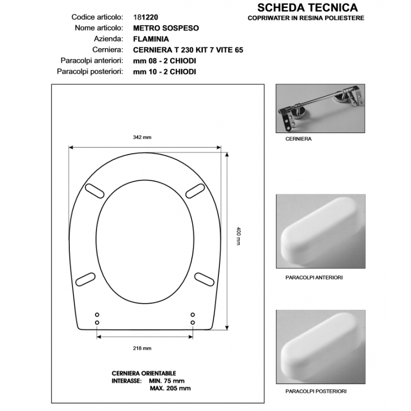 Copriwater Flaminia  METRO ROSSO BERTOCCI  Cerniera Cromo-Sedile-Asse Wc