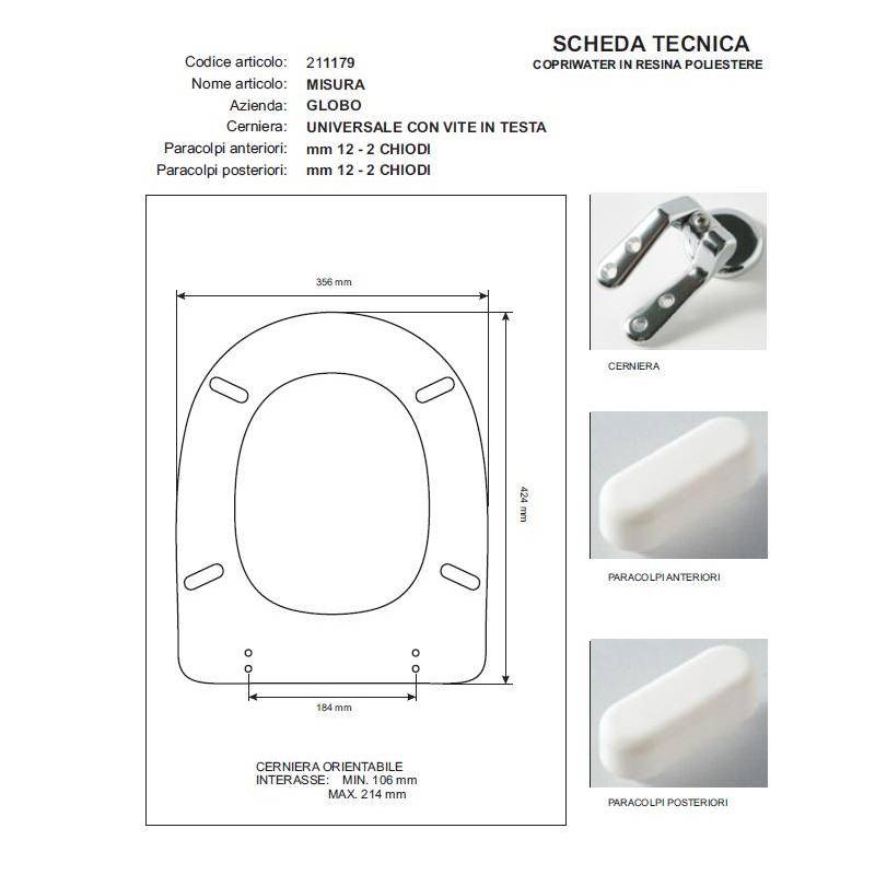 Copriwater Globo  MISURA  CHAMPAGNE Cerniera Rallentata Soft Close Cromo-Sedile-Asse