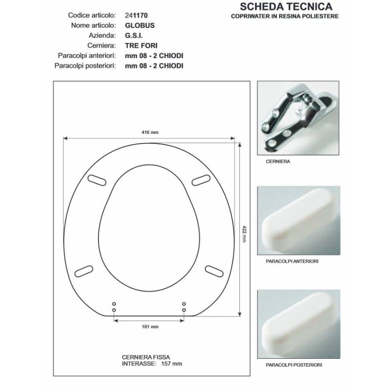 Copriwater G.S.I GLOBUS BIANCO Cerniera Rallentata Soft Close cromo-Sedile-Asse Wc