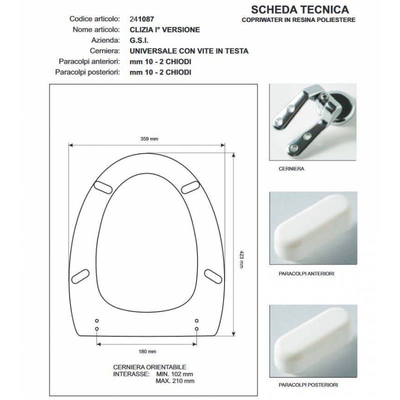 Copriwater G.S.I CLIZIA I' VERSIONE BIANCO Cerniera cromo-Sedile-Asse Wc