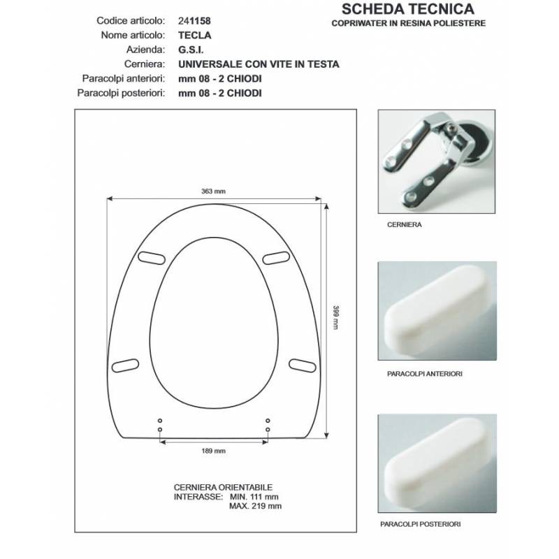 Copriwater G.S.I TECLA BIANCO Cerniera Rallentata Soft Close cromo-Sedile-Asse Wc
