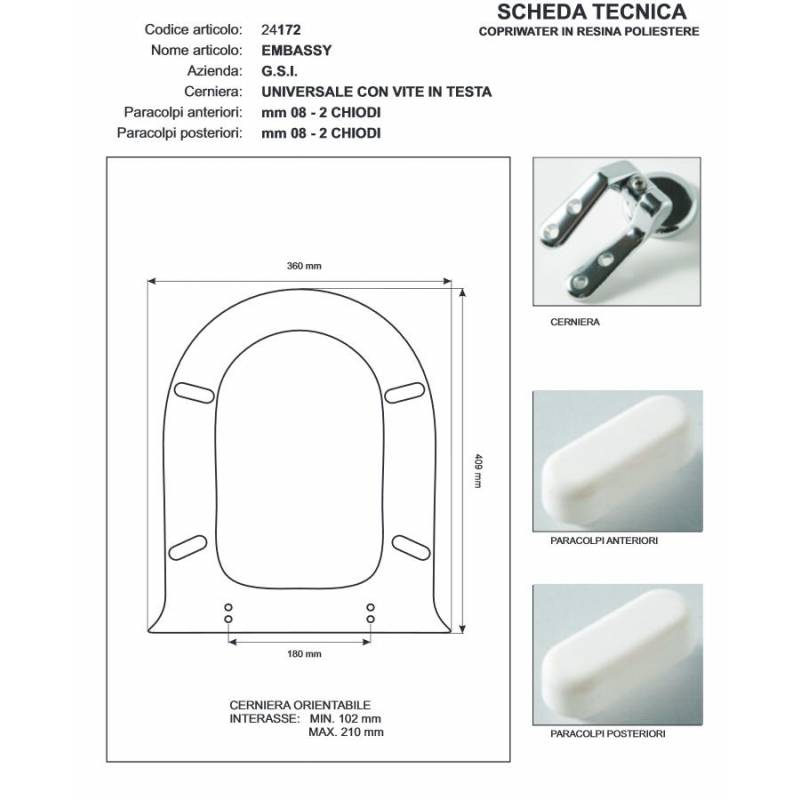 Copriwater G.S.I EMBASSY BIANCO Cerniera Rallentata Soft Close cromo-Sedile-Asse Wc