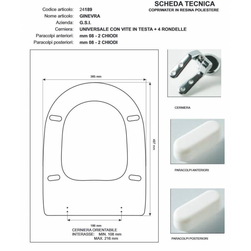 Copriwater G.S.I GINEVRA BIANCO Cerniera Rallentata Soft Close cromo-Sedile-Asse Wc