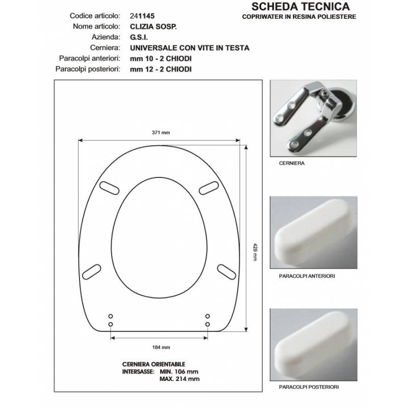 Copriwater G.S.I CLIZIA SOSPESA BIANCO Cerniera Rallentata Soft Close cromo-Sedile-Asse Wc