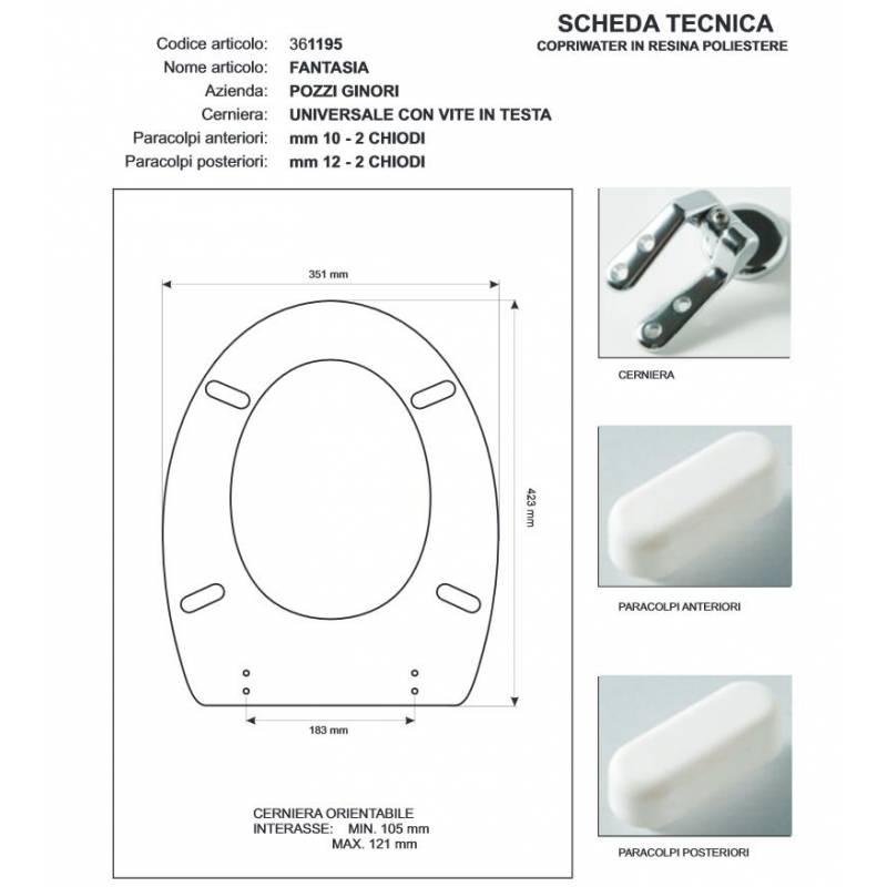 Copriwater Pozzi Ginori FANTASIA NOCE  Cerniera Rallentata Soft Close Cromo-Sedile-Asse Wc