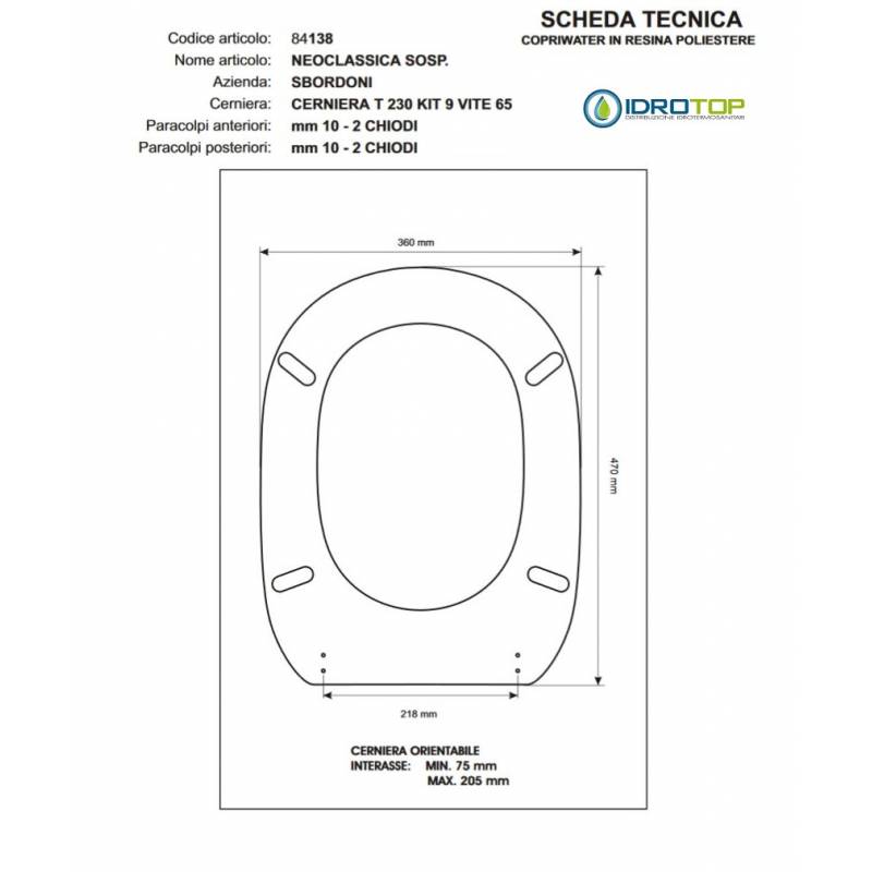 Copriwater NEOCLASSICA SOSPESO Bianco cerniera Rallentata Soft Close Cromo-Sbordoni