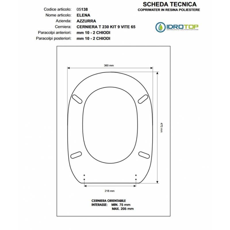 Copriwater ELENA Bianco Cerniera Rallentata Soft Close Cromo-Azzurra