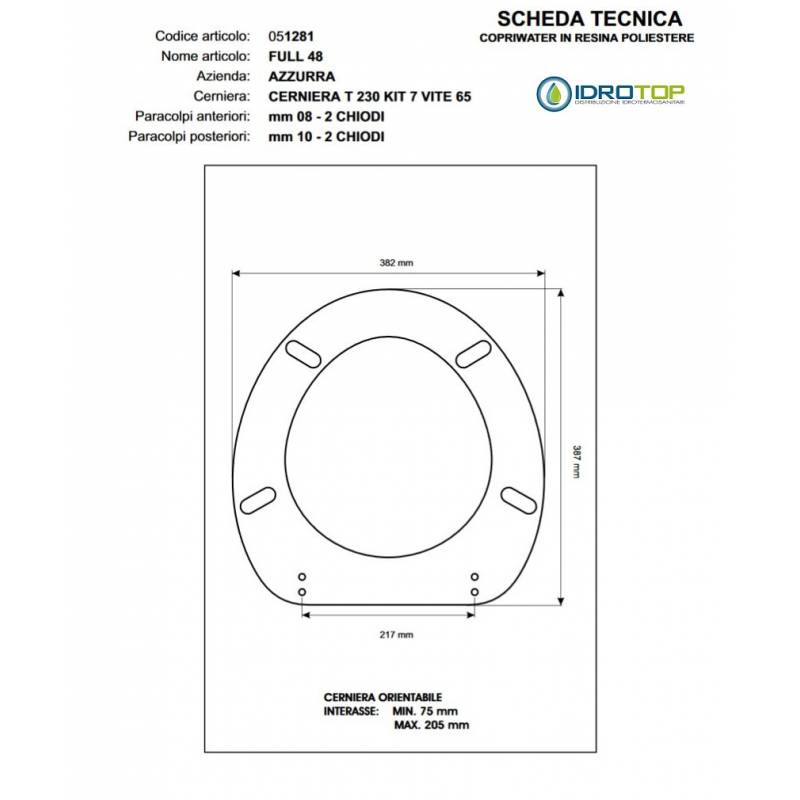 Copriwater FULL 48 Bianco Cerniera Rallentata Soft Close Cromo-Azzurra