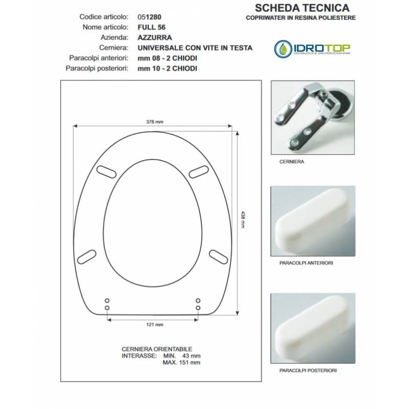 Copriwater FULL 56 Bianco Cerniera Cromo-Azzurra 
