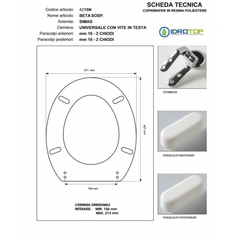 Copriwater Simas BETA SOSP. BIANCO Cerniera Cromo-Sedile-Asse Wc
