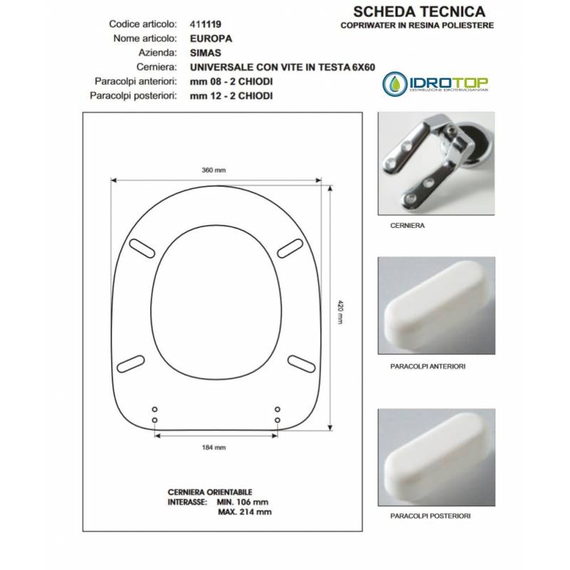 Copriwater Simas EUROPA  BIANCO Cerniera Cromo-Sedile-Asse Wc