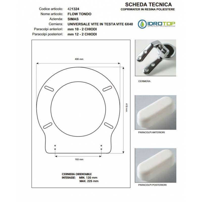 Copriwater Simas FLOW TONDO BIANCO Cerniera Cromo-Sedile-Asse Wc